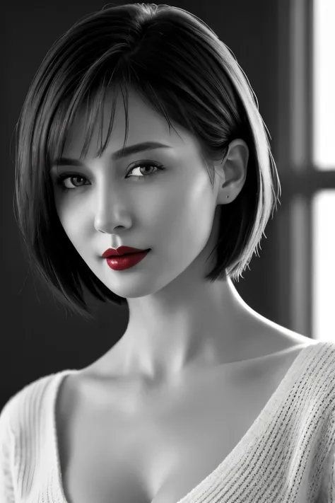 Tabletop, Highest quality, Realistic, Very detailed, finely, High resolution, 8k wallpaper, RAW Photos, Professional, High level of detail, 1 Girl, (((Black and white photography))), (((Red lips))), ((Looking into the camera)), (look forward to), Upper Bod...