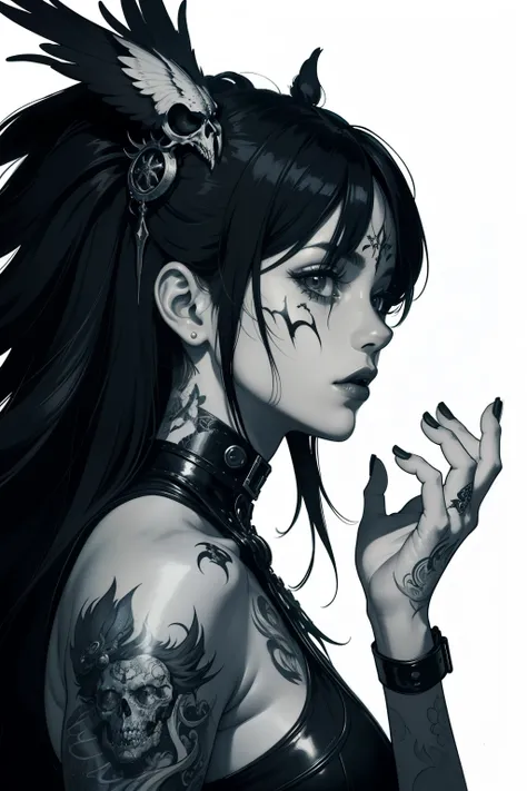 Create an elaborate piece of artwork featuring a female figure with tattoos. The style should resemble intricate black and white illustrations, showcasing fantastic and grotesque elements. The painting should depict detailed character illustrations with a ...