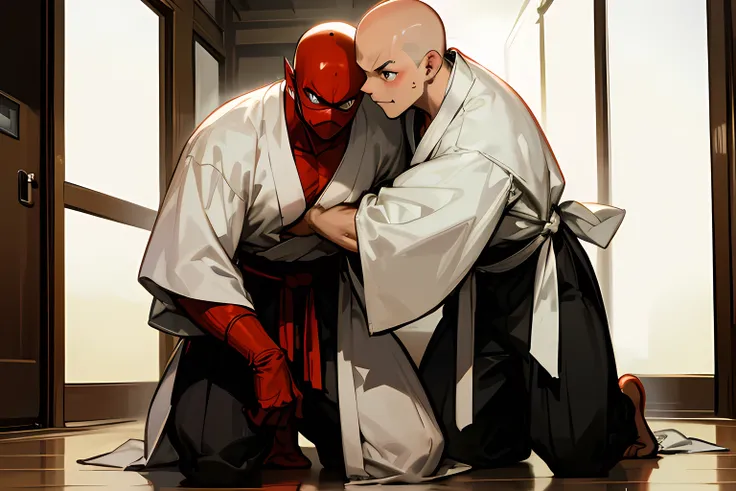 NSFW, white hakama, white Mask, white kimono, bald-headed, 3-people, Gay, brothers, Two 12-year-old Asian tweenager boys with shaved-head, round face, big eyes, cute, wearing clothes like a ninja but in a white kimono and Thai fisherman loose pants, white ...