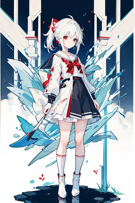 アニメの女の子 with white hair and red bow sitting on the ground, Sailor dress, Cute girl anime visuals, young anime girl,  pretty anime girl, White Hair Girl,  White background、Full-body portrait、Black boots、Red Eyearine color dress、Knee-high socks、whiteback、Sta...