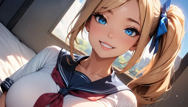 (Highest quality:1.24K, 8K, Very detailed, up to date, Vibrant, High detail, masterpiece:1.2, Highest quality, Best aesthetics), (((1 Girl))), ＪＫ, Sailor suit, Pleated skirt, Please open your mouth a little:1.2, smile, (Light brown hair, Voluminous side po...