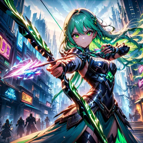 an anime girl with flowing emerald green hair，she&#39;s dressed in sleek black mech gear，in the background of the futuristic cyb...