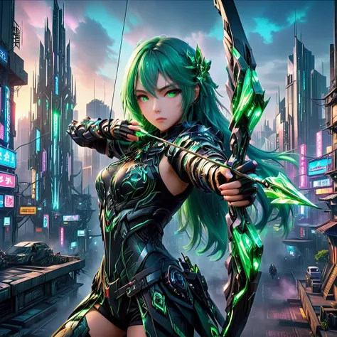 an anime girl with flowing emerald green hair，she&#39;s dressed in sleek black mech gear，in the background of the futuristic cyb...