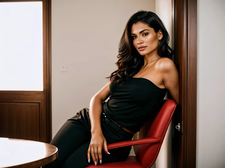 A woman stands in a living room, her arm resting casually on the back of a wooden chair. She is dressed in a black top and pants, with a red bag adding a pop of color to her outfit. She is around 40 years old, 38 years old woman, she is around 40 years old...