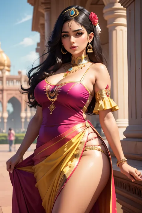 indian princess looking girl, wearing colourful sexy dress, curvy body, at mysore palace