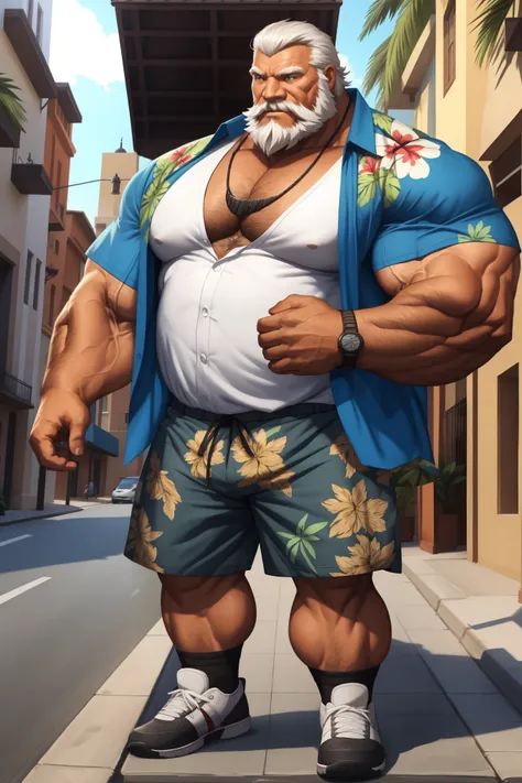 Huge muscular old man in street old man, bearded. white hair and beard, bearded, muscular, pectoral, wide pectoral, thick arms, massive muscular, realistic, 8k, masterpiece, (wearing shorts and white Hawaiian shirt, shoes)