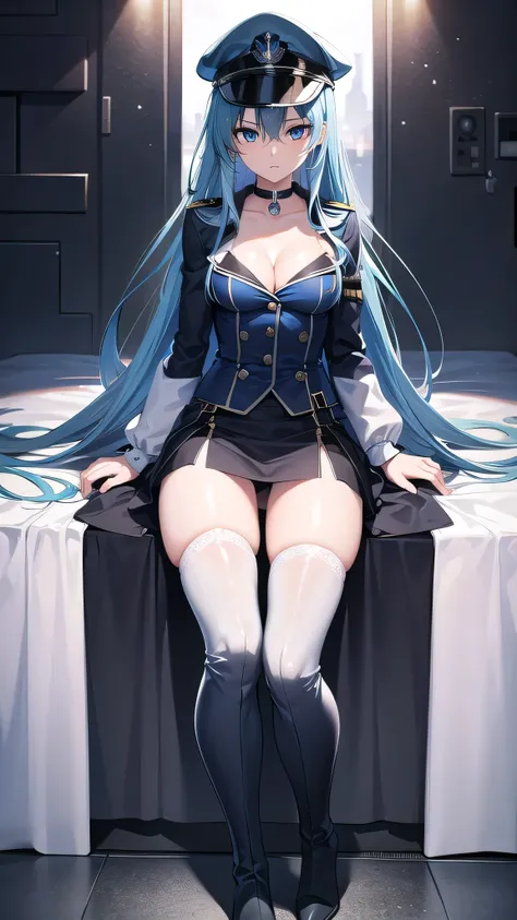 esdeath, esdeath, blue eyes, blue hair, long hair, (small breast:1.2),
BREAK boots, choker, cleavage, collarbone, hat, ice, military,white military uniform, peaked cap, thigh boots, thighhighs, uniform,
BREAK looking at viewer, full body,long legs,milf,35 ...