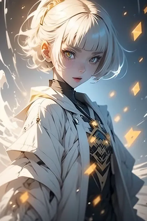 1 happy cute girl, White Moonlight, short white hair with bangs, Good Kids White Hair , gold eyes, bright yellow eyes, yellow Eyes , Two-Dimensional School Top quality, Masterpiece Ripe point