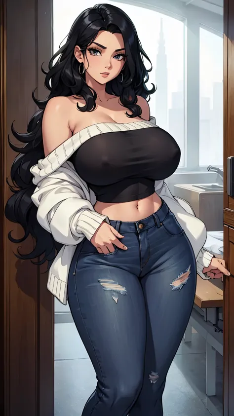 sexy woman , long curly black hair, off shoulder white sweater, jeans, Busty. Big hip. Voluptuos