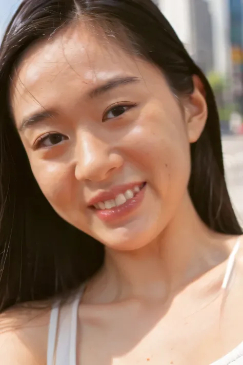 ((highest quality、8K resolution、master masterpiece、portrait:1.3)), Photoreal, 35mm film, 1 Japanese female, Upper body、on the street during the day,tassel 、 wrinkles around the eyes, plump body、smile,((white bra_panties:1.3)) , (outdoor:city street 1.3), j...