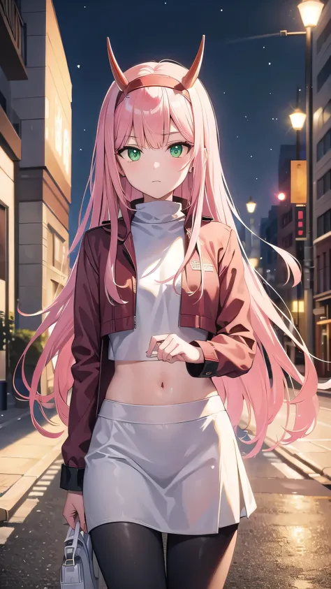 zerotwo, zero two, (green eyes:1.5), hairband, horns, long hair, pink hair, red horns, white hairband,
BREAK jacket, leggings, arrogant face, white footwear,white crop top,
BREAK indoors, classroom,BREAK looking at viewer, (cowboy shot:1.5),BREAK (masterpi...