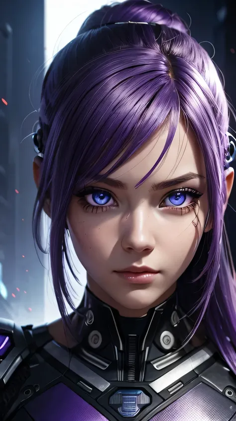 cyborg girl, beautiful eyes, battle field background, violet hair, masterpiece, ultra high details