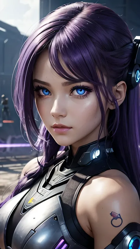 cyborg girl, beautiful eyes, battle field background, violet hair, masterpiece, ultra high details