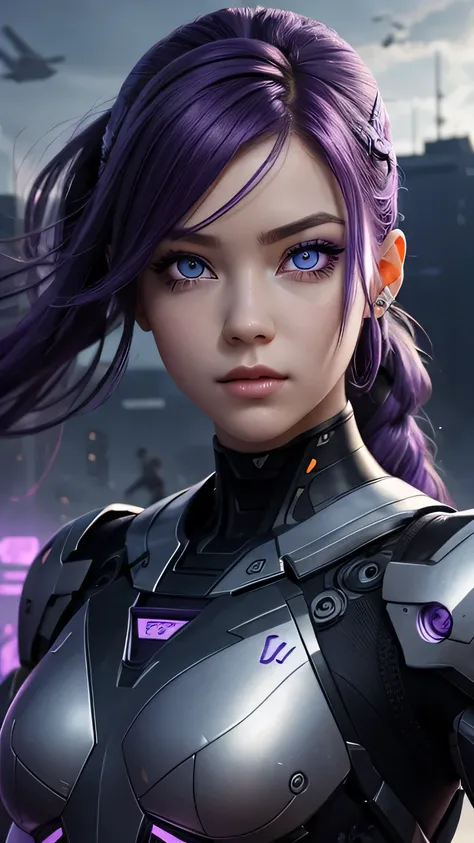 cyborg girl, beautiful eyes, battle field background, violet hair, masterpiece, ultra high details