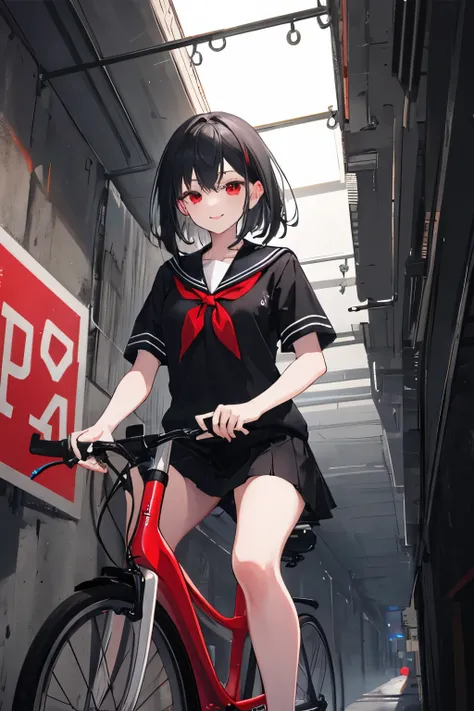 ((best quality)), ((masterpiece)), (detailed), 1girl, sexly,14 years old,Riding a bike,Black Hair,semi-long,Medium length hair,Red eyes,Black Sailor Suit,Black Skirt,The background is a dark tunnel,smile