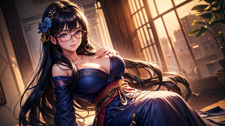 1 girl, full body, dark long hair, glowing blue eyes, glasses, yukata, parted lips, big breast, blush, smiling, midnight room, (best quality,4k,8k,highres,masterpiece:1.2),ultra-detailed,(realistic,photorealistic,photo-realistic:1.37),detailed eyes,detaile...