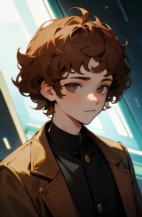 Highest quality、Highest quality、Science fiction、masterpiece、16 year old boy、Short, chestnut-colored hair、Curly hair、Front facing