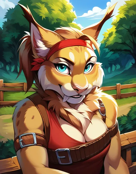 doubletroublexl, jade (kabscorner), 1girl, lynx, source_furry, realism, cowboy shot, belt across breasts, white and red shirt, headshot, upper body, face focus, solo, pulling on headband, female focus, happy, tan fur, red headband, short blond hair with fr...