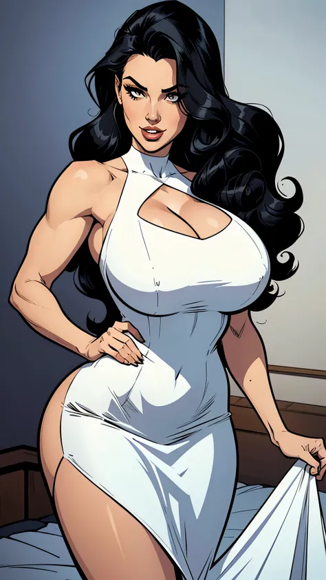 sexy woman, long curly black hair, white elegant dress. Busty. Big hip. Voluptuos. Comic style. Graphic novel style