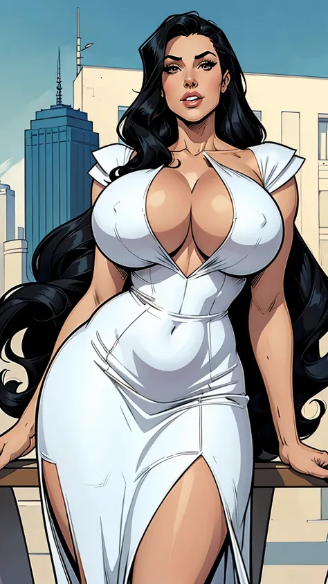 sexy woman, long curly black hair, white elegant dress. Busty. Big hip. Voluptuos. Comic style. Graphic novel style