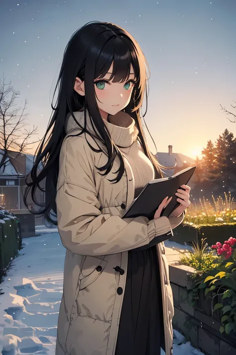 girl.Black hair.green eyes.clothes.Winter.drawing book.
In a garden.At night.Beautiful View.Sundown.clothes.Normal.At night