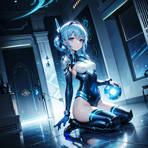 8K, Highest quality, (real:1.4), Original photo, 1 girl, Asari Hair, Biological Amplifier, Very sleek and futuristic armor, posture: Peace talks between warring factions,,attention arousal, smart blue eyes,A modest smile,Knee-high boots,Patent-look blue ti...