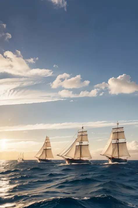 a fleet of sail-powered ships similar to the HMS Aigle, the candles are white and red ,the brown hooves ,sunny day ,majestic clouds on the horizon ,Calm Sea