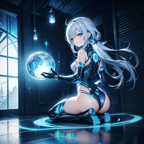 8K, Highest quality, (real:1.4), Original photo, 1 girl, Asari Hair, Biological Amplifier, Very sleek and futuristic armor, posture: Peace talks between warring factions,,attention arousal, smart blue eyes,A modest smile,Knee-high boots,Patent-look blue ti...