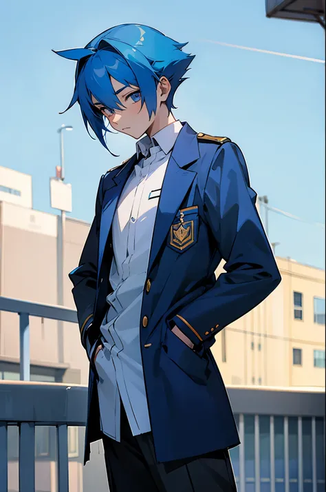 blue hair, student uniform, on the street, young male, lean build, arms in pockets