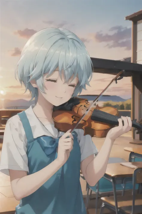 School_,Sunset，violin，Blue Hair，Playing the violin with eyes closed