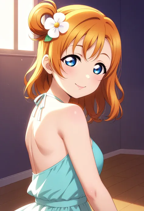 Honoka kousaka love live, blue eyes, orange hair,hair flower, solo, Fashion, beautiful ,sideboobs, boobgasm, bshoulders, perfect eyes, Perfect iris,Perfect skin,Soft front light,Casual,indoors;(pastel colour:1.2), halter neck,thin straps