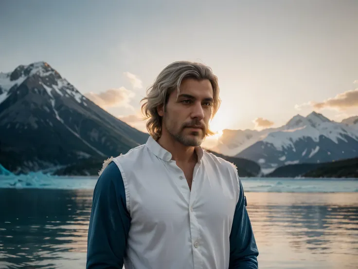 long shot of a Varied Relaxing Albanian Male Veterinarian, White hair styled as Shaggy, background is Glacier, at Sunset, soft focus, Light, soft light, F/8, Beige and Navy Blue splash, Swirling, extremely hyper aesthetic