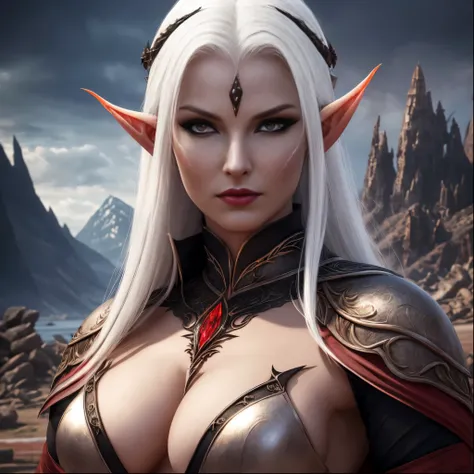 hellish elf woman, sensuous, skin fair, natta, tenebrosa, Linda, white  hair, Eyes red, black leagwear, sheen, hyper realist, conceptual artwork, Mediovale, epic, fancy, princesselise, warrioress, forst, mountainscape, 2.5d cgi