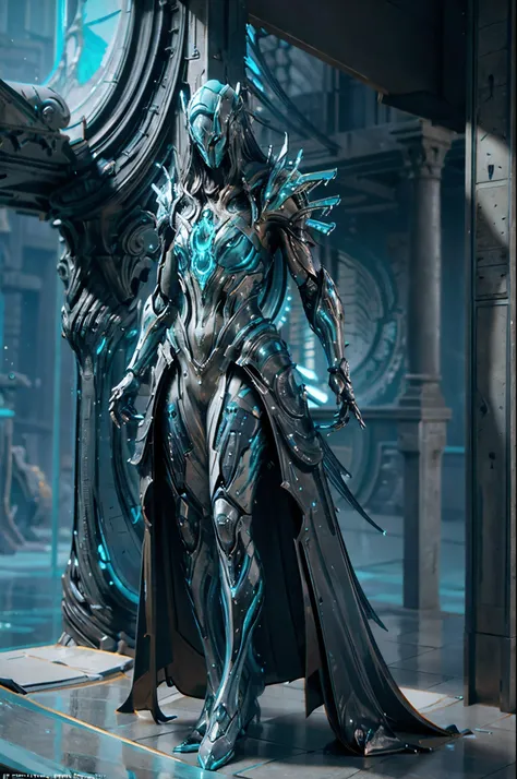 futuristic, Warframe, character design, water-inspired, fluid, sleek, metallic, aquamarine color scheme, rippling textures, biomechanical elements, glowing accents, intricate details, dynamic pose, underwater environment, bubbles, reflections, high-tech, c...