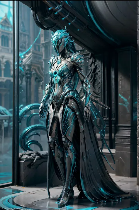 futuristic, Warframe, character design, water-inspired, fluid, sleek, metallic, aquamarine color scheme, rippling textures, biomechanical elements, glowing accents, intricate details, dynamic pose, underwater environment, bubbles, reflections, high-tech, c...