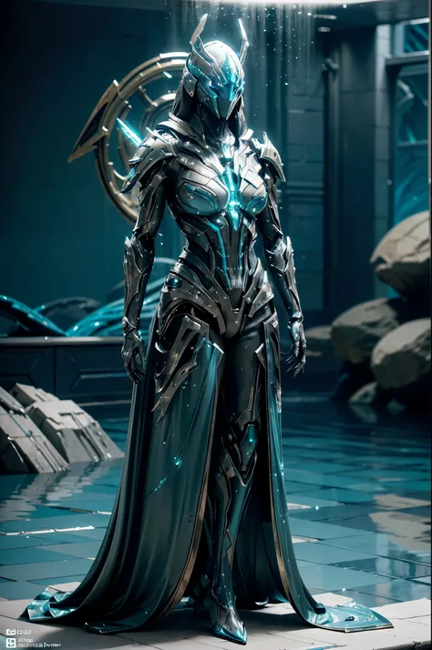 futuristic, Warframe, character design, water-inspired, fluid, sleek, metallic, aquamarine color scheme, rippling textures, biomechanical elements, glowing accents, intricate details, dynamic pose, underwater environment, bubbles, reflections, high-tech, c...