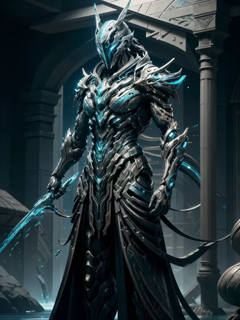 Photography of a cybernetic warrior with water-inspired enhancements in a Warframe character design. The warriors futuristic armor features intricate details and patterns that evoke the fluidity and grace of water elements, creating a visually captivating ...