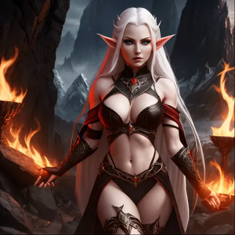 hellish elf woman, sensuous, skin fair, natta, tenebrosa, Linda, white  hair, Eyes red, black leagwear, sheen, hyper realist, conceptual artwork, Mediovale, epic, fancy, princesselise, warrioress, forst, mountainscape, 2.5d cgi