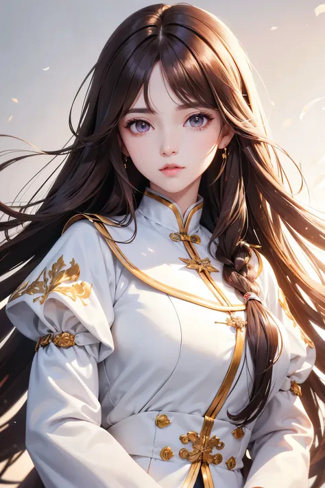 Masterpiece, Best quality, 1 Female, Mature Woman, Elder Sister, young girl, Royal Sister, brown eyes, long hair, smoky mix brown color hair, resolute eyes, white uniform, long white eardrop, Chinese mix morden, frontal photo, blank background, remove back...