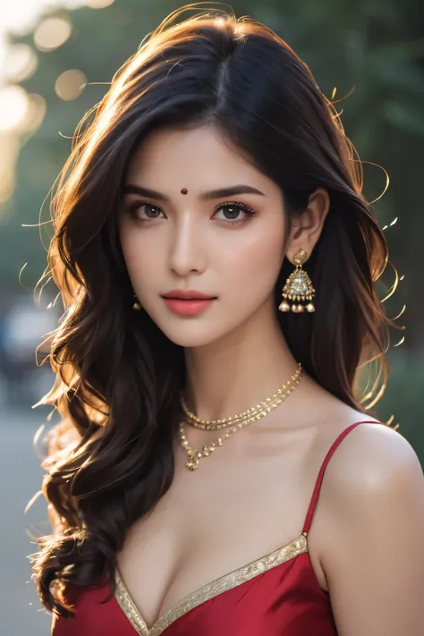 score_9,score_8_up,score_7_up, 1girl,long hair,looking at viewer,saree,detailed black shinning glossy hair, hint of natural cleavage,detailed glossy brown eyes,jewelry,medium breasts,collarbone,red floral saree,upper body,earrings,necklace,lips,makeup,blur...
