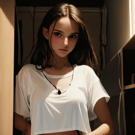 18 year old Natalie Portman, ((oversized white t-shirt and black string bikini)), ((standing in a ((dark)) dorm room)), ((face blushing)), embarrassed pose