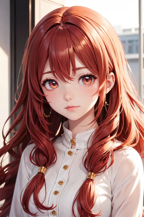 anime style, girl with wavy red hair, gold eyes, a blush on his face and chichona