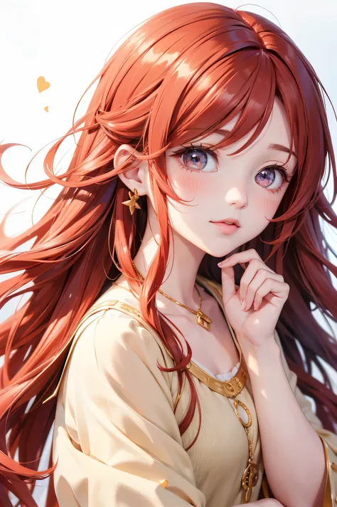 anime style, girl with wavy red hair, gold eyes, a blush on his face and chichona