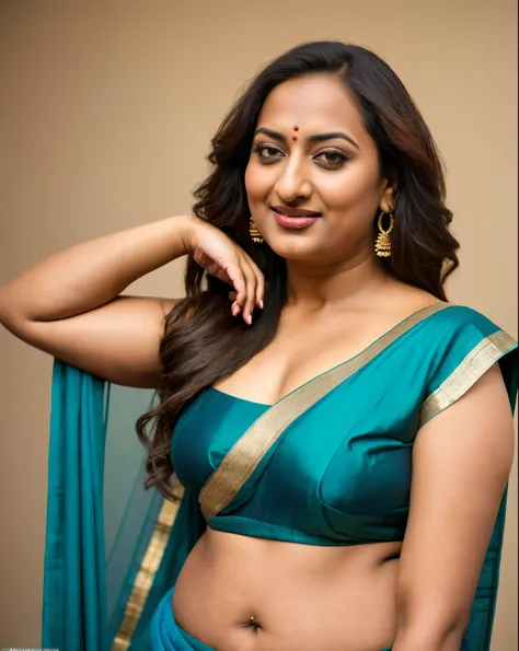 Foto RAW, photorealistic, photography, full body shot, 50 years old Woman, master shot, perfect eyes, goddess like beauty, pierced eyes, perfect thick chubby mallu Desi aunty bhabhi, Wearing a Stanapatta, a chest-band.Saree model, model Photography, Indian...