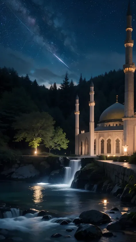 mosque, beautiful, exterior, trees, sexy girl, river, night, (((stars in sky)))