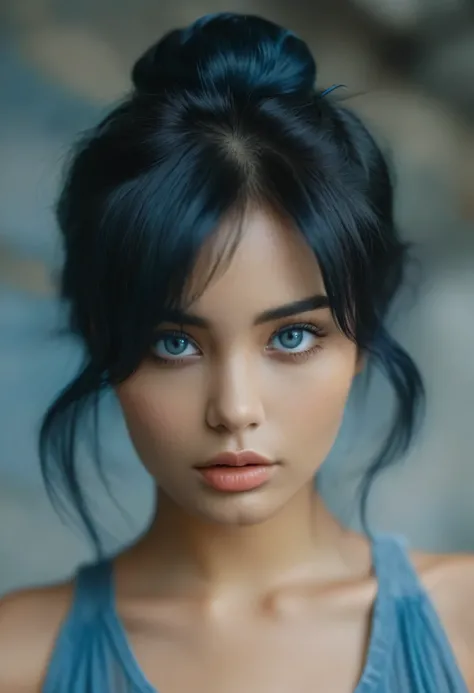 cinematic still bellissima, 1girl, solo, looking at viewer, bangs, blue eyes, black hair, parted lips, double bun, blurry, lips, dark skin, eyeliner, blurry background, messy hair, portrait,
realistic . emotional, harmonious, vignette, 4k epic detailed, s...