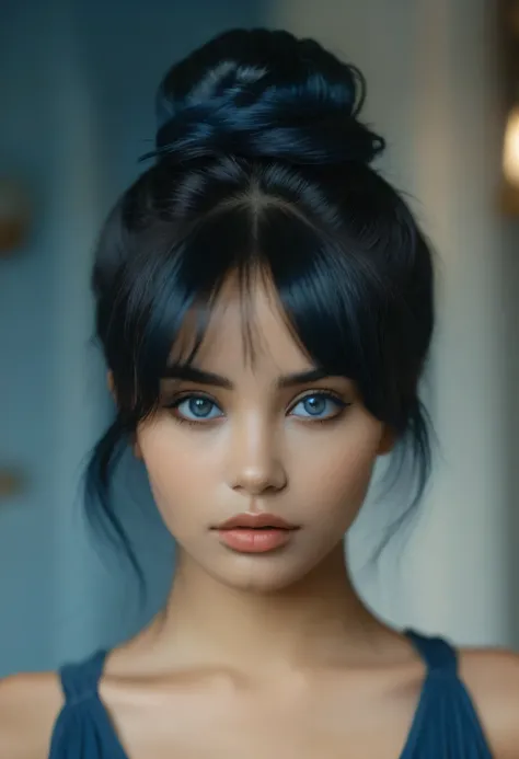 cinematic still bellissima, 1girl, solo, looking at viewer, bangs, blue eyes, black hair, parted lips, double bun, blurry, lips, dark skin, eyeliner, blurry background, messy hair, portrait,
realistic . emotional, harmonious, vignette, 4k epic detailed, s...