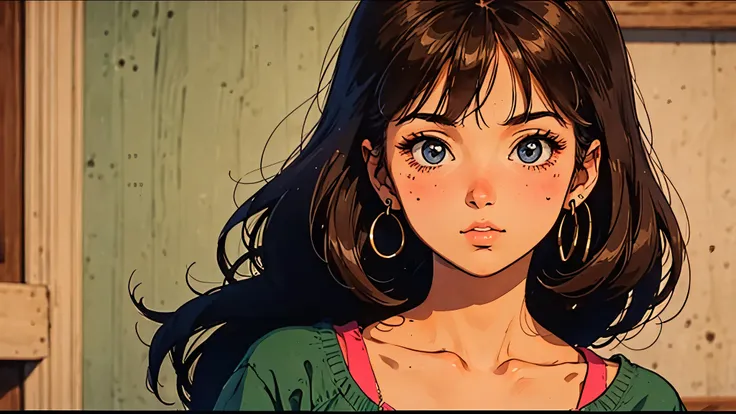 A girl, 80s anime style, retro, lo-fi, piercing