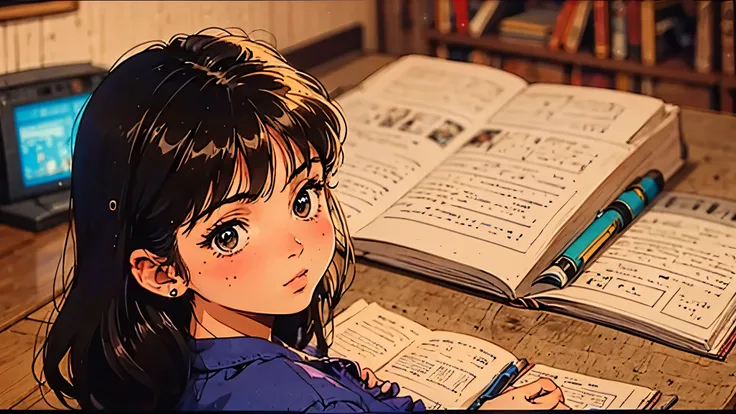 A girl, 80s anime style, retro, lo-fi, piercing