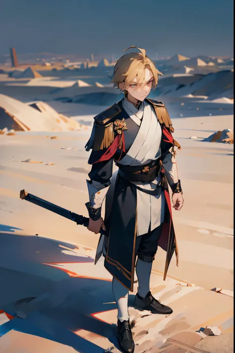 1male , White Handband Wrapped , Black Red and Dark Blue Royal Guard Clothing , White Yukata , Serious Expression , Adult Male , Blonde Hair , Pink Eyes , Standing on a path , Desolate Wasteland Background , Perfect Generation 